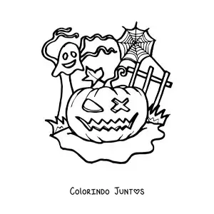 Desenho para colorir de abobora de Halloween assustadora com fantasma e teias de aranha