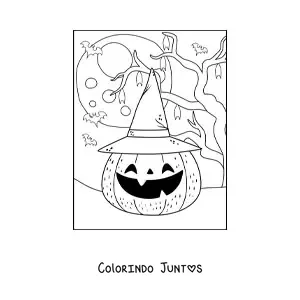 Desenho para colorir de abobora de Halloween kawaii com chapeu