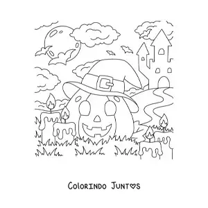 Desenho para colorir de abobora de Halloween kawaii com chapeu e velas
