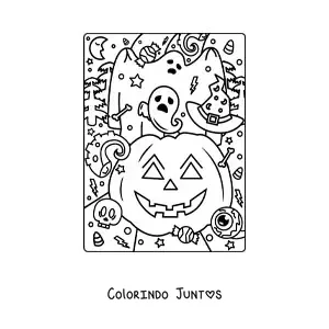 Desenho para colorir de abobora de Halloween fofa com fantasma e doces