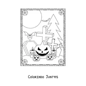 Desenho para colorir de aboboras de Halloween aterrorizantes com tumulos e morcegos