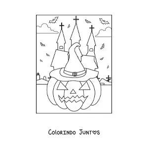 Desenho para colorir de abobora de Halloween simples com chapeu e morcegos