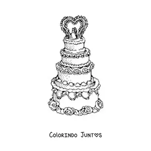 Desenho para colorir de um bolo de casamento enfeitado com um coração