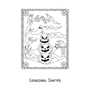 Desenho para colorir de abóboras de Halloween assustadoras com fantasmas