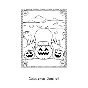 Desenho para colorir de abóboras de Halloween assustadoras com morcegos