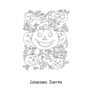 Desenho para colorir de abóboras de Halloween lindas com folhas de outono