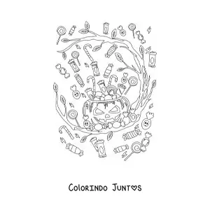 Desenho para colorir de abóbora de Halloween aterrorizante com doces