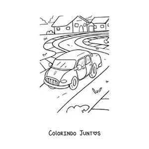 Desenho para colorir de um carro em uma estrada com casas ao fundo
