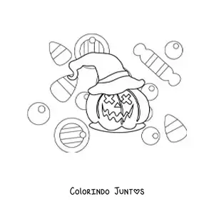Desenho para colorir de abóbora de Halloween simples com chapéu e doces