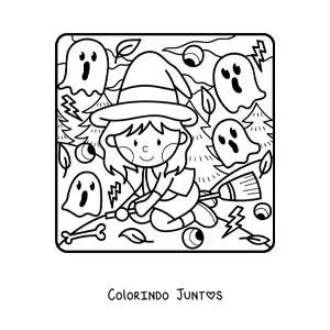 Desenho para colorir de bruxa kawaii voando na vassoura