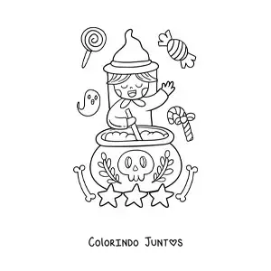 Desenho para colorir de bruxa kawaii com caldeirão