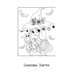 Desenho para colorir de bruxa fofa com gato e abóbora de Halloween