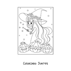 Desenho para colorir de bruxa kawaii com abóboras de Halloween
