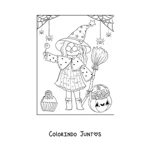 Desenho para colorir de bruxa de Halloween kawaii com doces