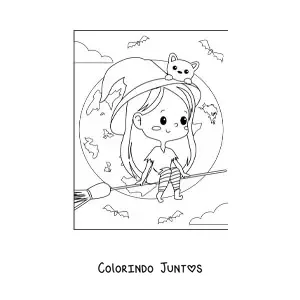 Desenho para colorir de bruxa de Halloween kawaii voando na vassoura com gato