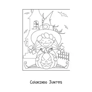 Desenho para colorir de bruxinha animada com abóbora de Halloween