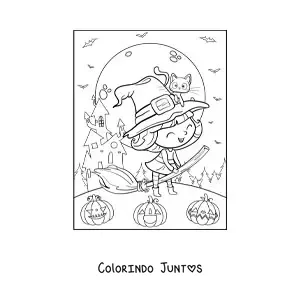 Desenho para colorir de bruxa boazinha kawaii voando na vassoura com gato