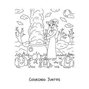 Desenho para colorir de bruxa fofa com caldeirão