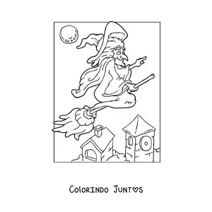 Desenho para colorir de bruxa malvada voando na vassoura