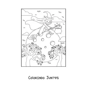 Desenho para colorir de bruxinha animada kawaii voando com lua cheia