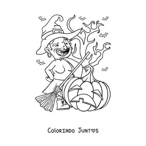 Desenho para colorir de bruxa feia em desenho com abóbora de Halloween