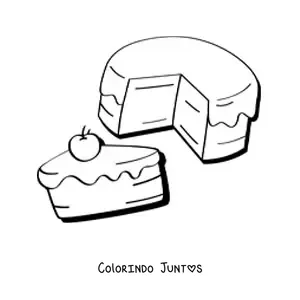 Desenho para colorir de um bolo e uma fatia de bolo com cereja