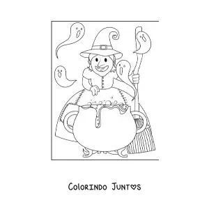 Desenho para colorir de bruxa feia cozinhando uma poção