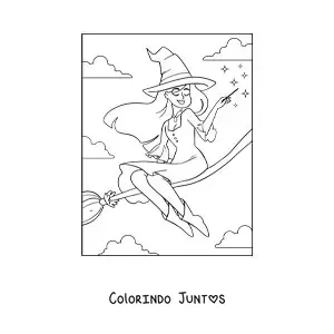 Desenho para colorir de bruxa feiticeira bonita voando na vassoura