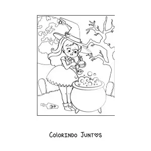 Desenho para colorir de bruxa kawaii preparando poção com lua cheia
