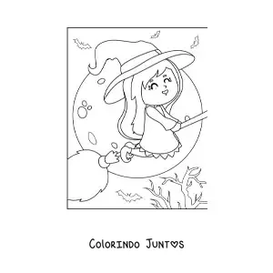 Desenho para colorir de bruxa kawaii voando com lua cheia