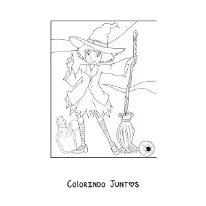 Desenho para colorir de bruxinha animada com vassoura e poção