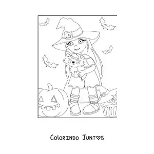 Desenho para colorir de bruxinha kawaii com gato e abóbora de Halloween