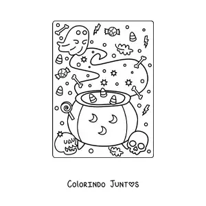 Desenho para colorir de caldeirão de bruxa com fantasma e doces de Halloween