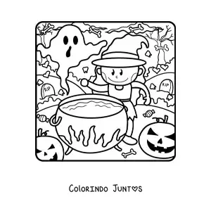 Desenho para colorir de bruxa de desenho com caldeirão e fantasma