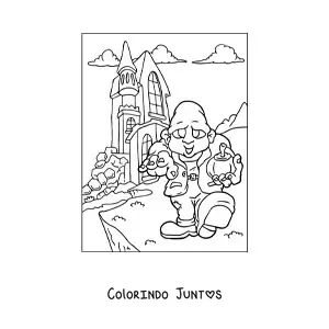 Desenho para colorir de zumbi com casa assombrada de Halloween