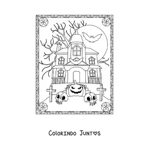 Desenho para colorir de casa assombrada de terror com abóbora de Halloween