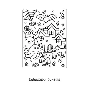 Desenho para colorir de casa assombrada kawaii com gato e doces de Halloween