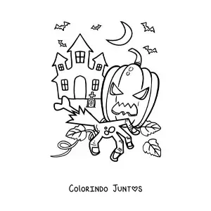 Desenho para colorir de casa assombrada grande com abóbora de Halloween e morcegos