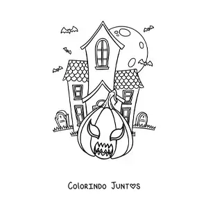 Desenho para colorir de casa assombrada grande com abóbora de Halloween e túmulos