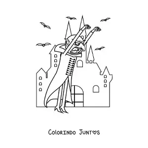 Desenho para colorir de monstro com castelo assombrado de Halloween