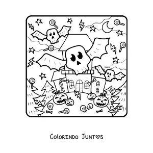 Desenho para colorir de mansão assombrada com monstros e abóboras de Halloween