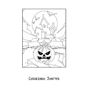 Desenho para colorir de abóbora de Halloween aterrorizante com mansão assombrada
