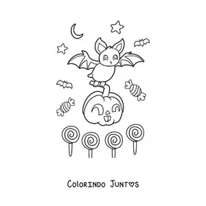 Desenho para colorir de morcego animado com abóbora e doces de Halloween