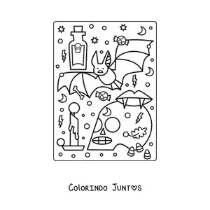 Desenho para colorir de morcego animado com caveira de Halloween