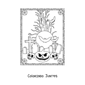 Desenho para colorir de silhuetas de morcegos com abóboras assustadoras de Halloween
