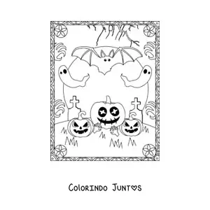 Desenho para colorir de morcegos com fantasmas e abóboras assustadoras de Halloween