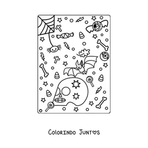 Desenho para colorir de morcego animado com aranha e caveira de Halloween