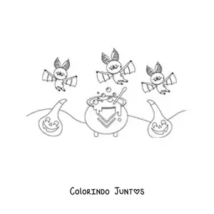 Desenho para colorir de morcegos com caldeirão de bruxa e abóbora de Halloween