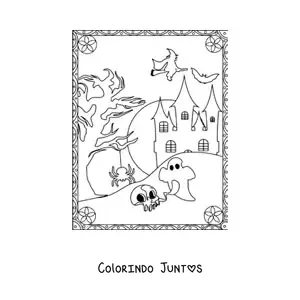 Desenho para colorir de morcego voando ao lado de uma casa assombrada