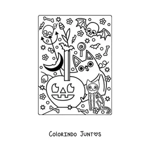 Desenho para colorir de morcego com caveira e gato no Halloween